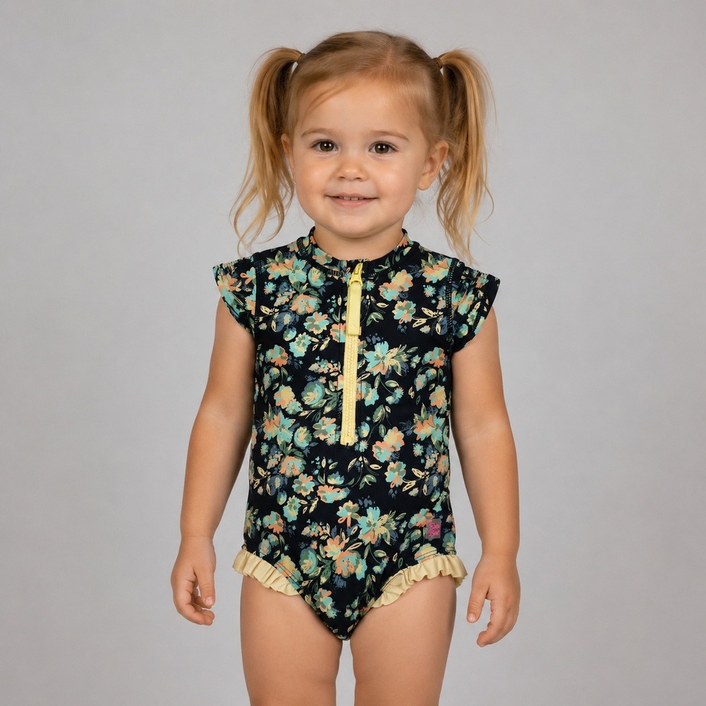 RuffleButts Swimsuit Floral Ruffle Zip‎ Front 2T Black